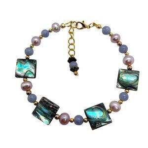 Abalone bracelet anklet freshwater pearls blue quartz gold tone handmade